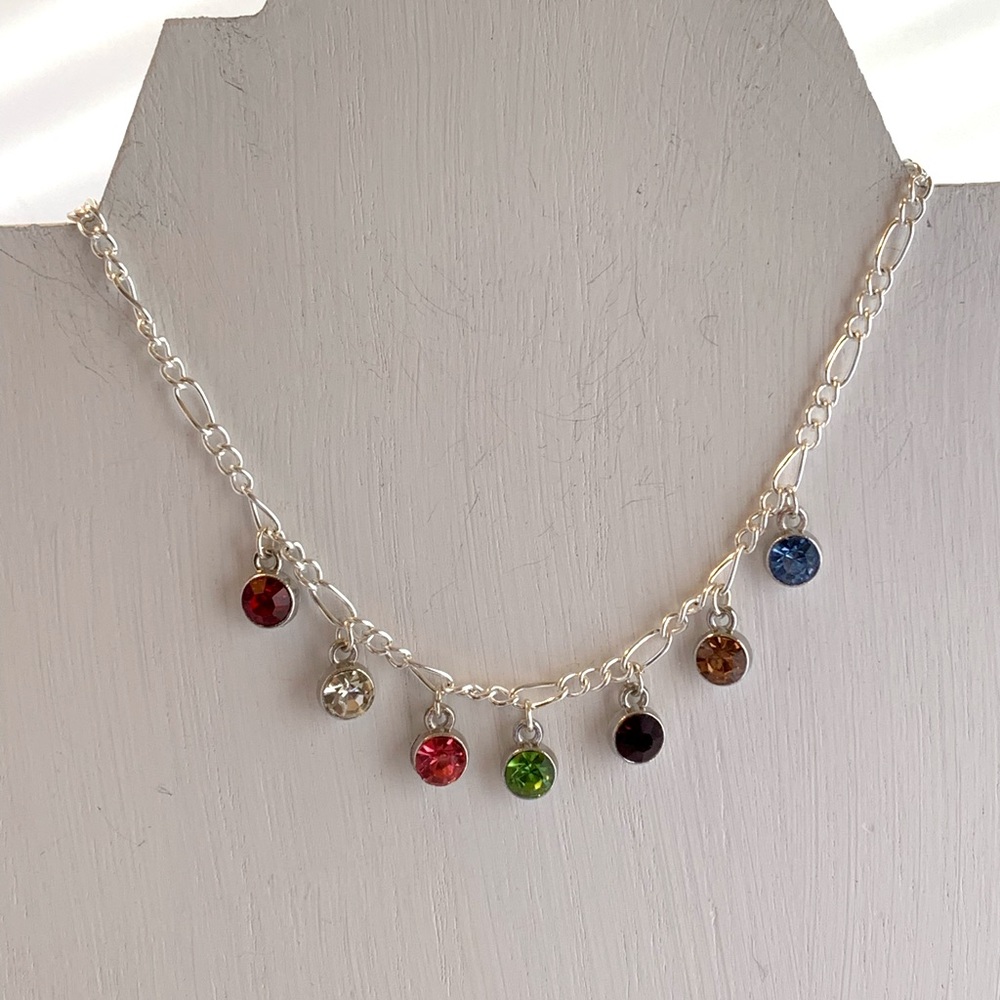 Rainbow necklace. Seven colored crystals on silver plated filagree necklace!